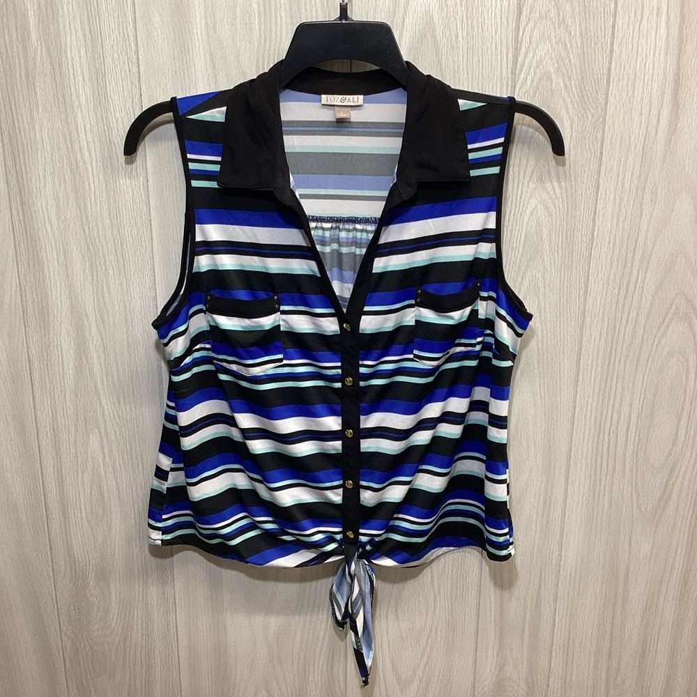 ROZ & ALI Women's (Size L) Sleeveless Button Down Collared Shirt Stretch Tie Hem